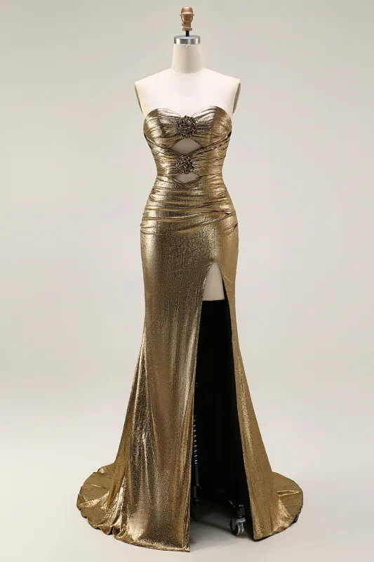 Metallic Dark Golden Mermaid Strapless Cut Out Long Prom Dress with Slit sold by Zapaka