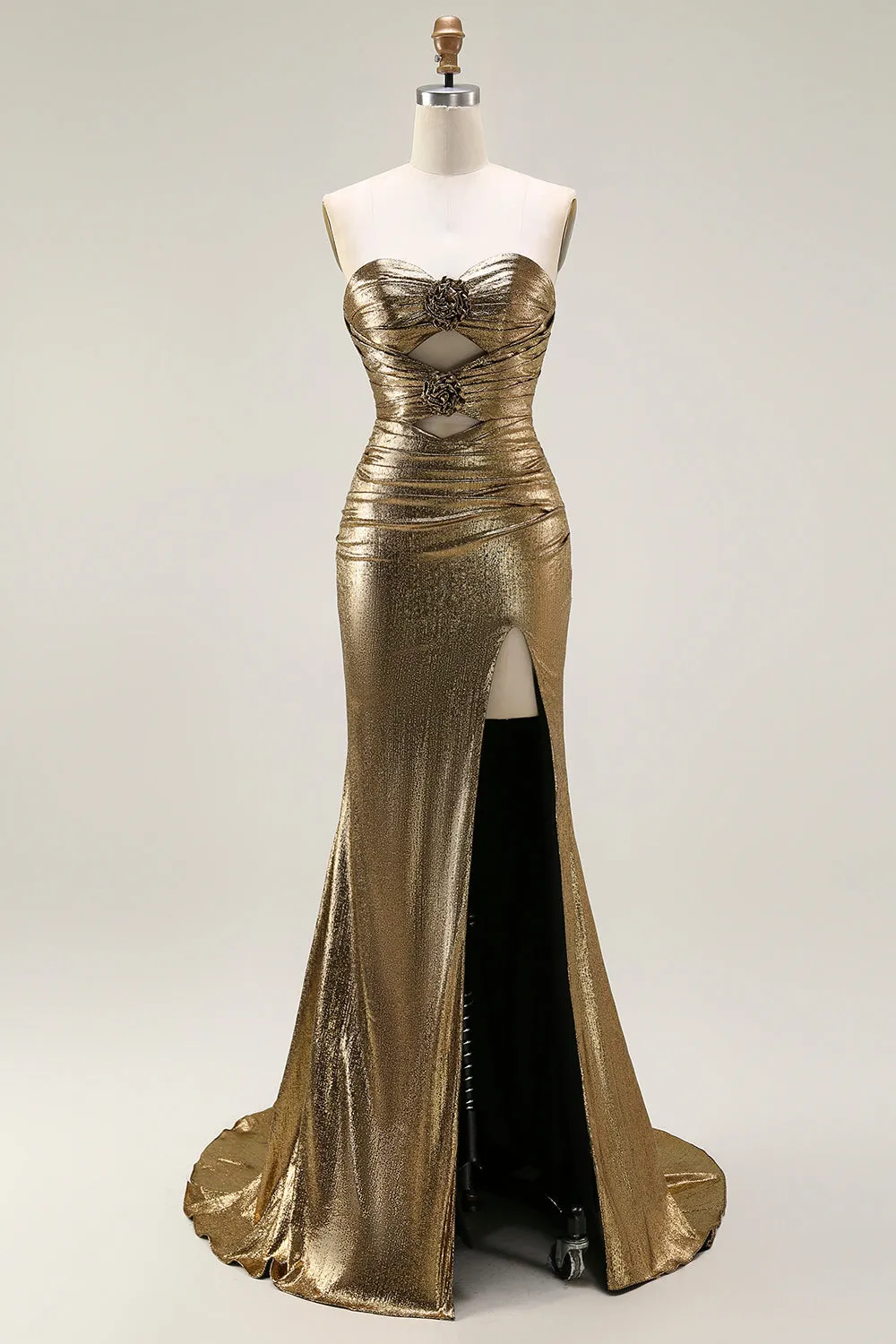 Metallic Dark Golden Mermaid Strapless Cut Out Long Prom Dress with Slit sold by Zapaka