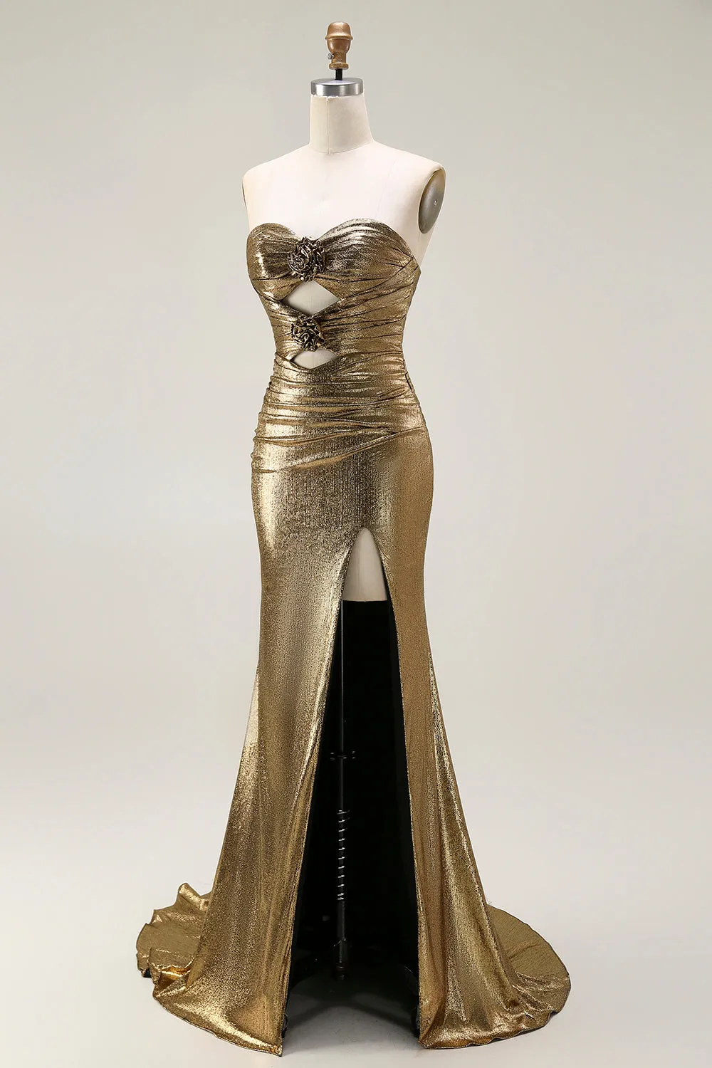 Metallic Dark Golden Mermaid Strapless Cut Out Long Prom Dress with Slit sold by Zapaka product image thumbnail 3