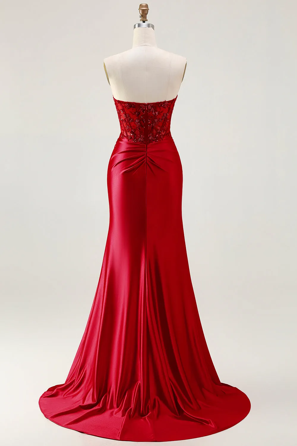 Red Mermaid Strapless Appliqued Corset Beaded Long Prom Dress with Slit sold by Zapaka product image thumbnail 2