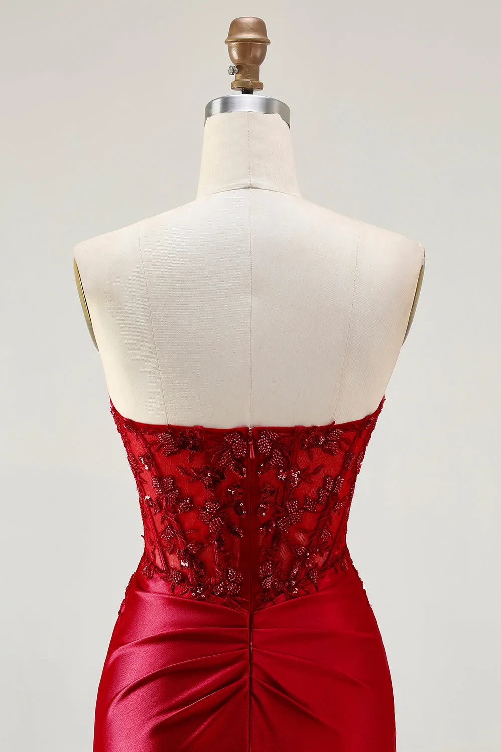Red Mermaid Strapless Appliqued Corset Beaded Long Prom Dress with Slit sold by Zapaka product image thumbnail 5
