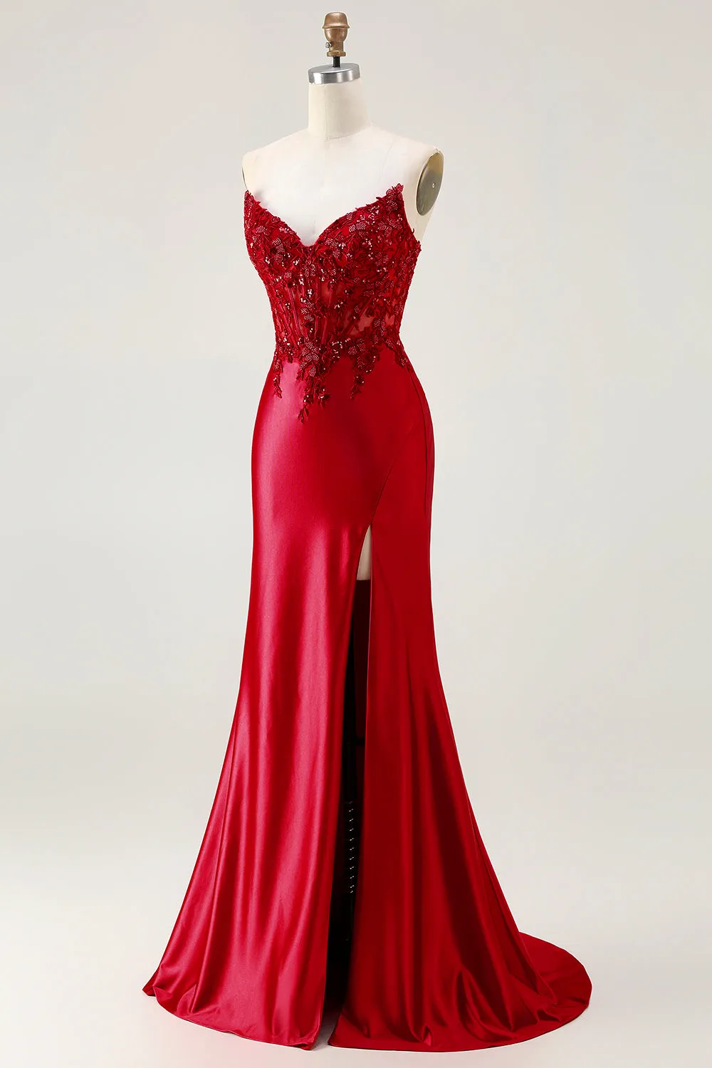 Red Mermaid Strapless Appliqued Corset Beaded Long Prom Dress with Slit sold by Zapaka product image thumbnail 3