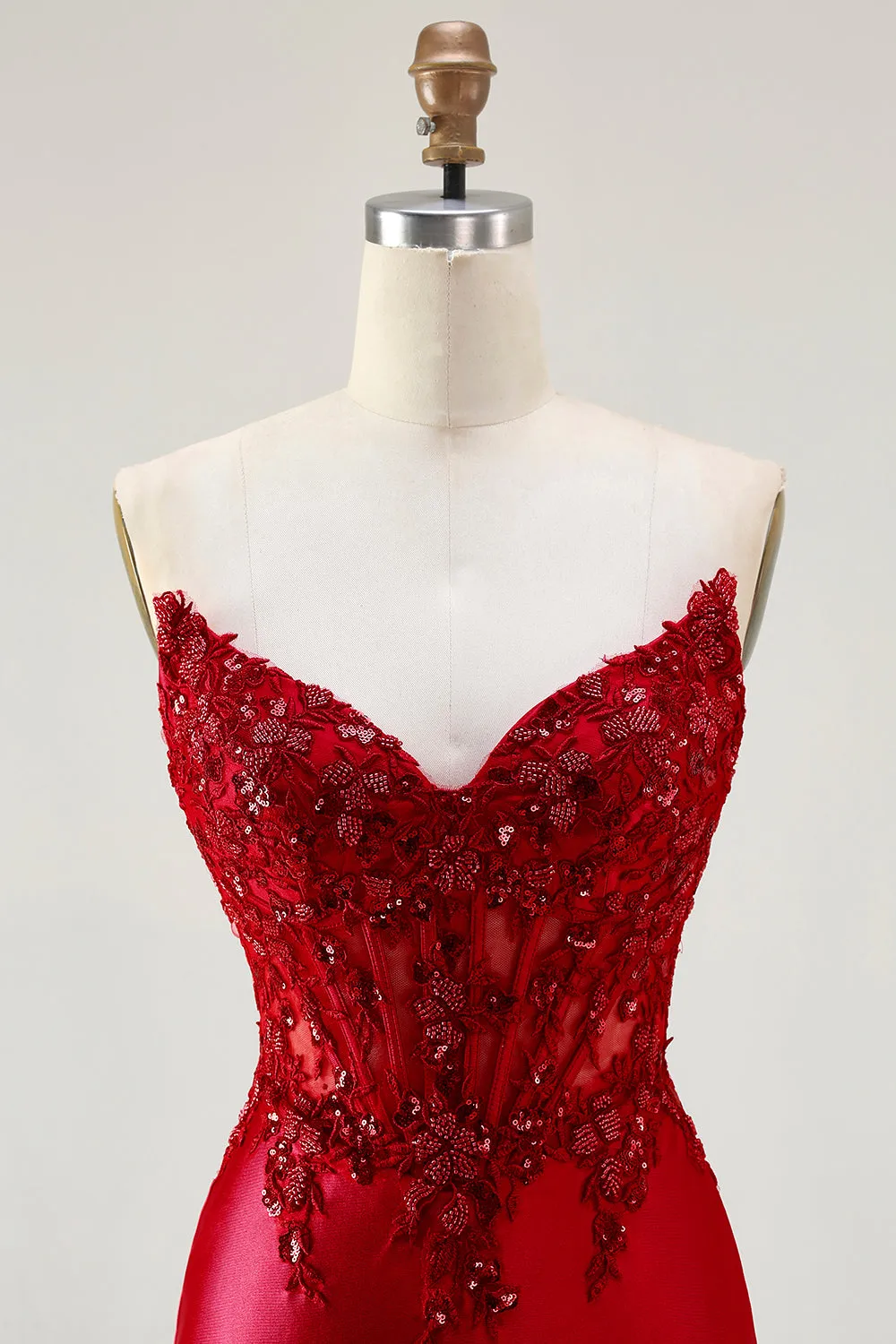 Red Mermaid Strapless Appliqued Corset Beaded Long Prom Dress with Slit sold by Zapaka product image thumbnail 4