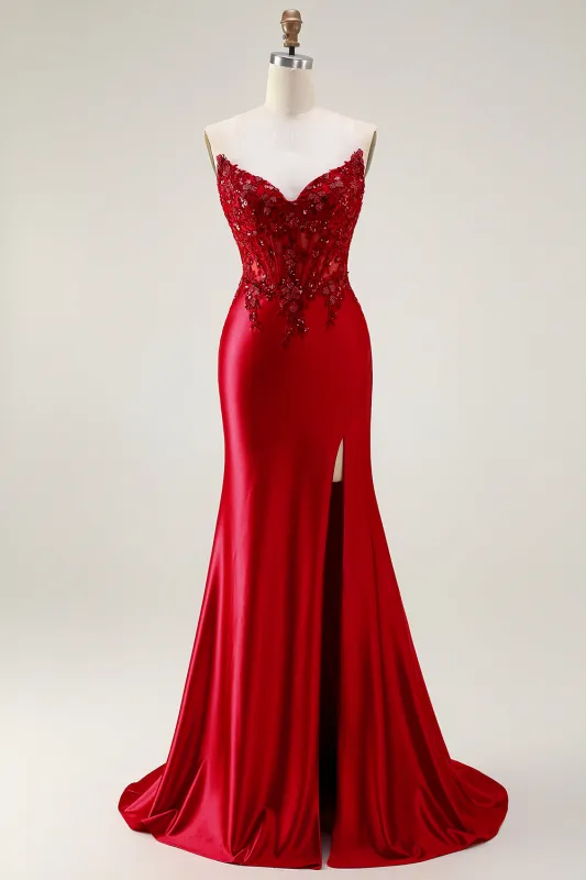 Red Mermaid Strapless Appliqued Corset Beaded Long Prom Dress with Slit sold by Zapaka