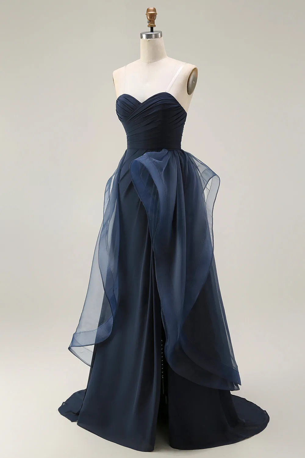 Navy A Line Sweetheart Ruched Long Prom Dress with Ruffles sold by Zapaka product image thumbnail 3