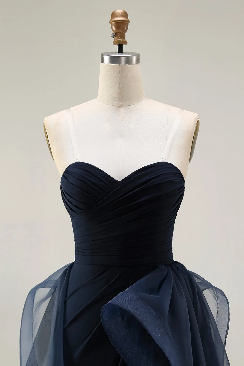 Navy A Line Sweetheart Ruched Long Prom Dress with Ruffles sold by Zapaka product image thumbnail 4