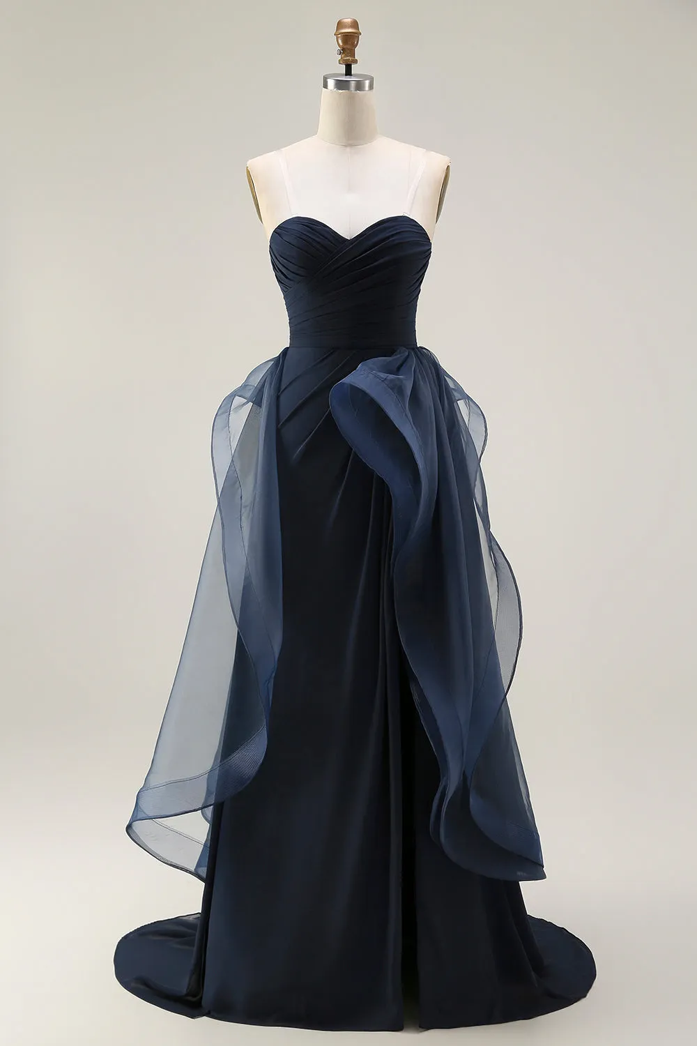 Navy A Line Sweetheart Ruched Long Prom Dress with Ruffles sold by Zapaka
