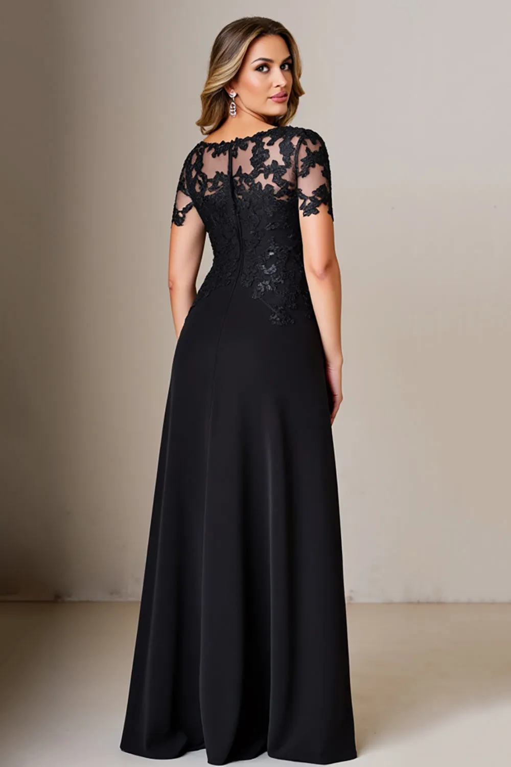 Black Sheath Satin Appliqued Long Mother of the Bride Dress with Sleeves sold by Zapaka product image thumbnail 4