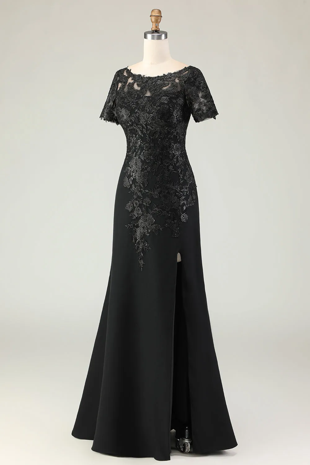 Black Sheath Satin Appliqued Long Mother of the Bride Dress with Sleeves sold by Zapaka product image thumbnail 5