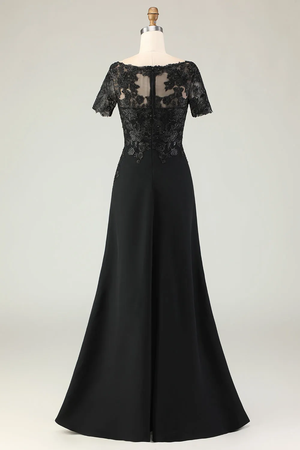 Black Sheath Satin Appliqued Long Mother of the Bride Dress with Sleeves sold by Zapaka product image thumbnail 2