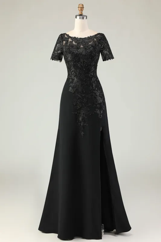 Black Sheath Satin Appliqued Long Mother of the Bride Dress with Sleeves sold by Zapaka