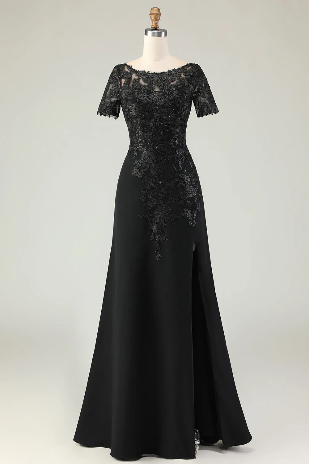 Black Sheath Satin Appliqued Long Mother of the Bride Dress with Sleeves sold by Zapaka