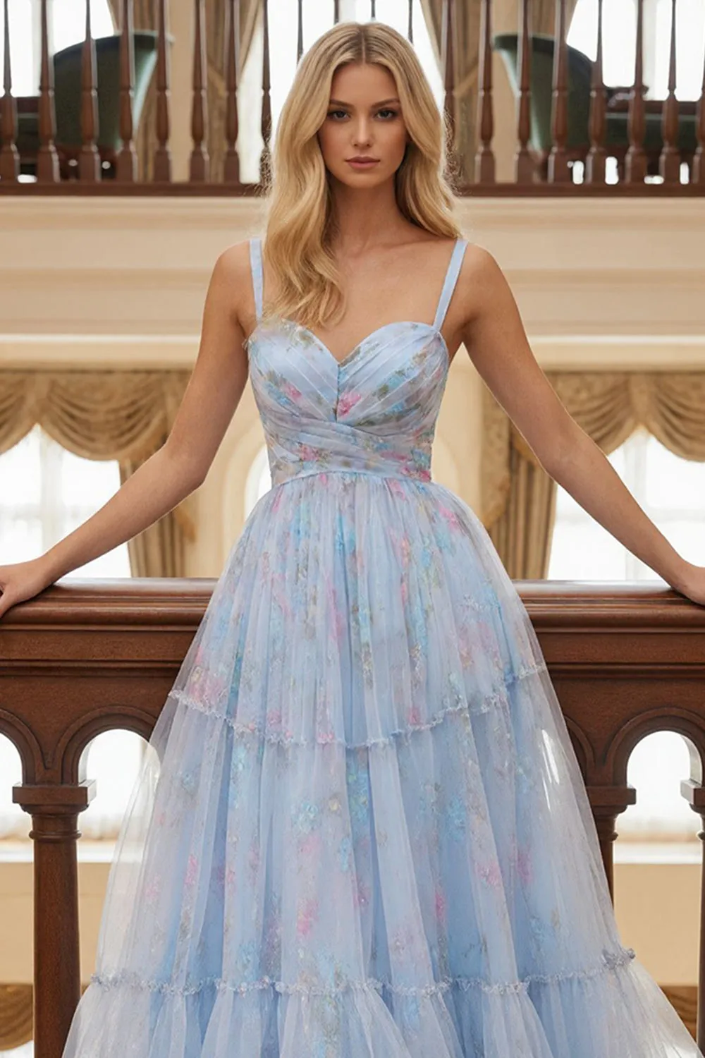 Blue Floral A Line Spaghetti Straps Long Prom Dress sold by Zapaka product image thumbnail 3