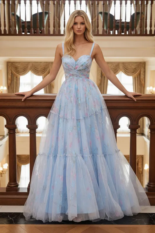 Blue Floral A Line Spaghetti Straps Long Prom Dress sold by Zapaka