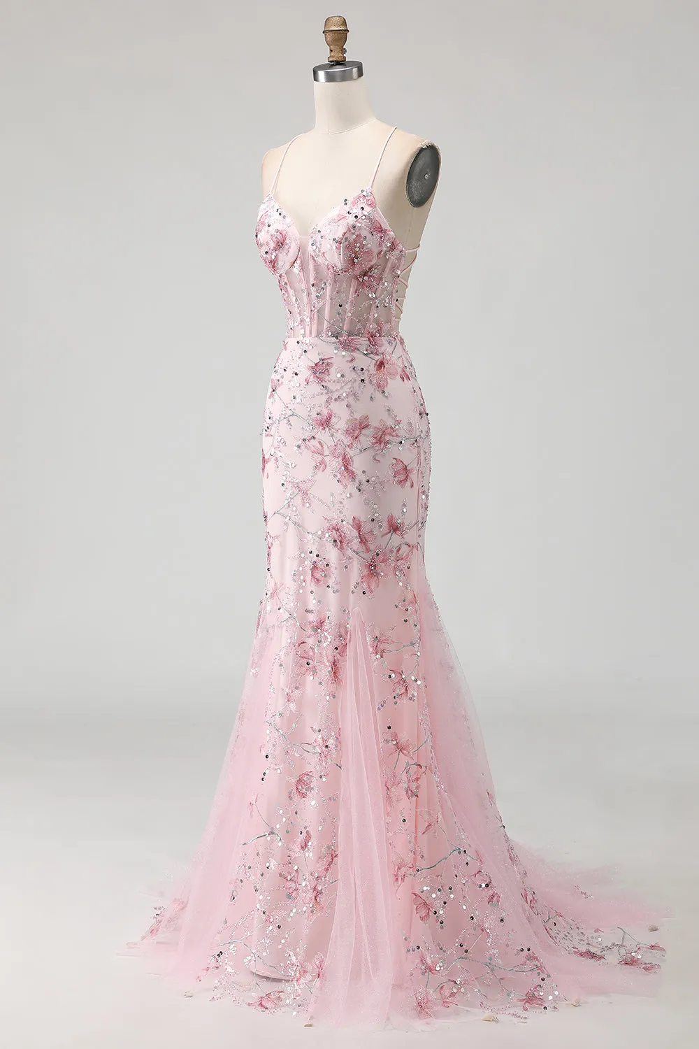 Sparkly Pink Floral Corset Mermaid Long Prom Dress with Sequins sold by Zapaka product image thumbnail 3