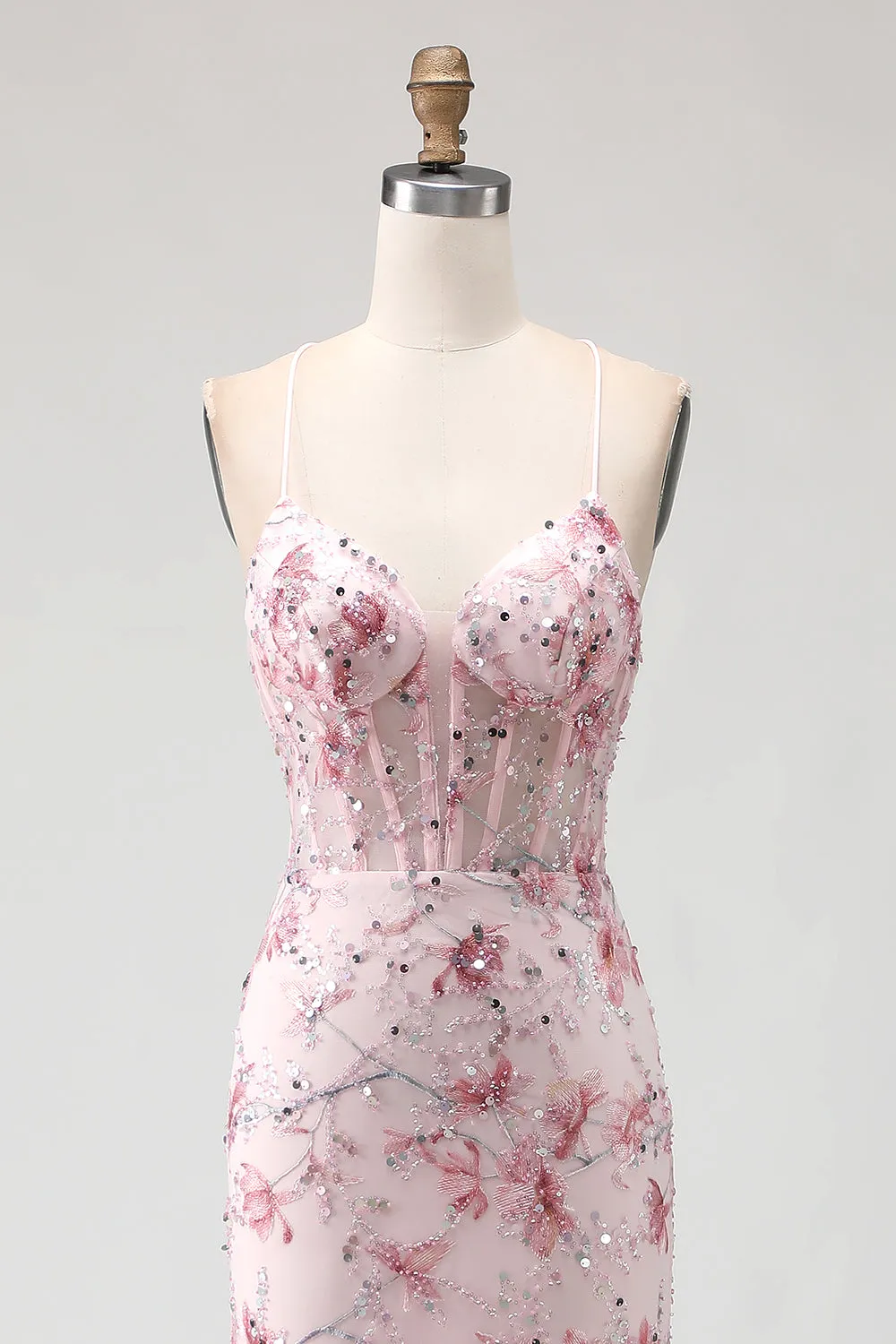 Sparkly Pink Floral Corset Mermaid Long Prom Dress with Sequins sold by Zapaka product image thumbnail 4