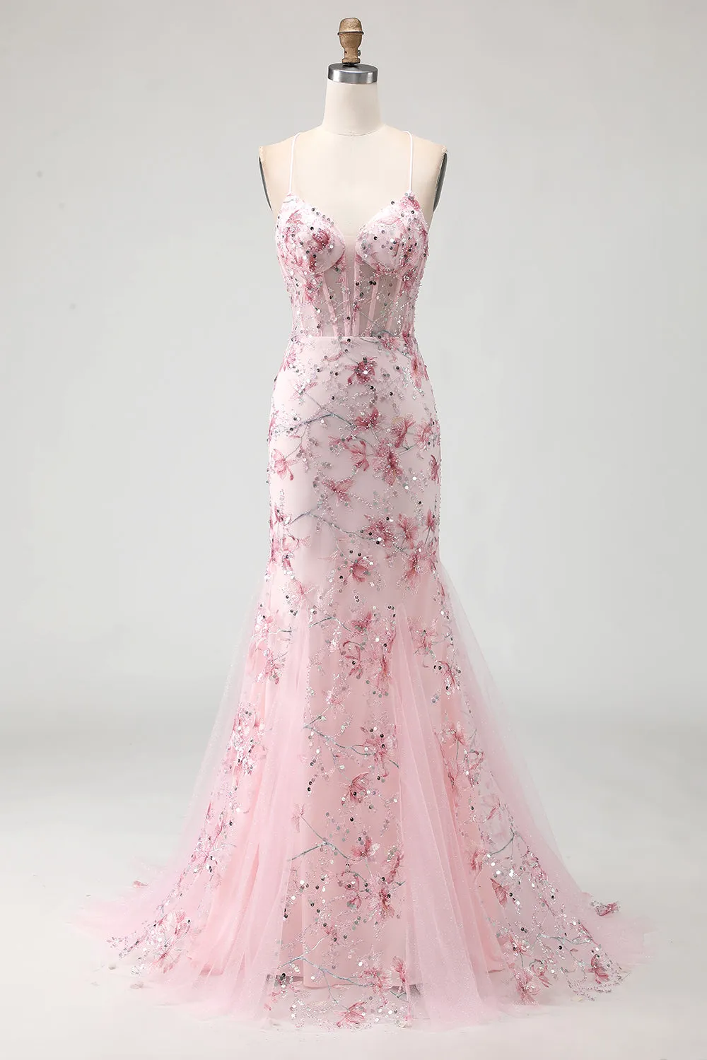 Sparkly Pink Floral Corset Mermaid Long Prom Dress with Sequins sold by Zapaka