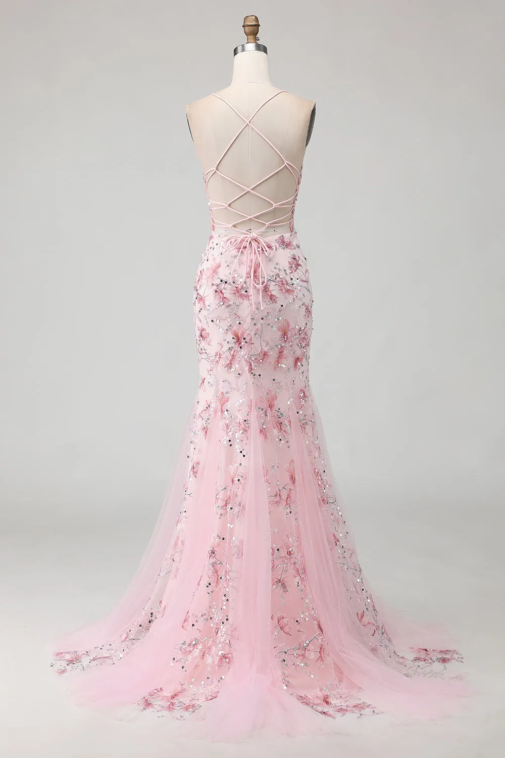 Sparkly Pink Floral Corset Mermaid Long Prom Dress with Sequins sold by Zapaka product image thumbnail 2