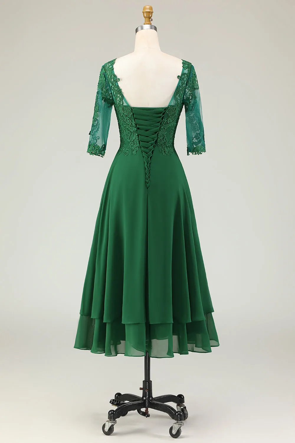 Green A Line Appliqued Midi Mother of the Bride Dress with Sleeves sold by Zapaka product image thumbnail 2