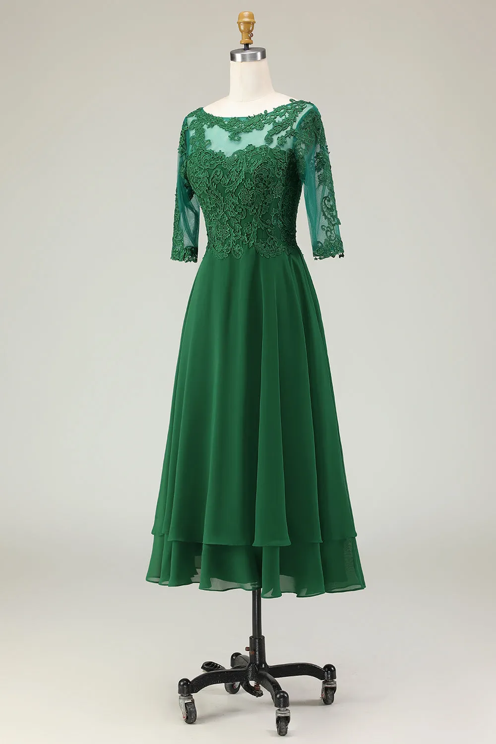 Green A Line Appliqued Midi Mother of the Bride Dress with Sleeves sold by Zapaka product image thumbnail 3