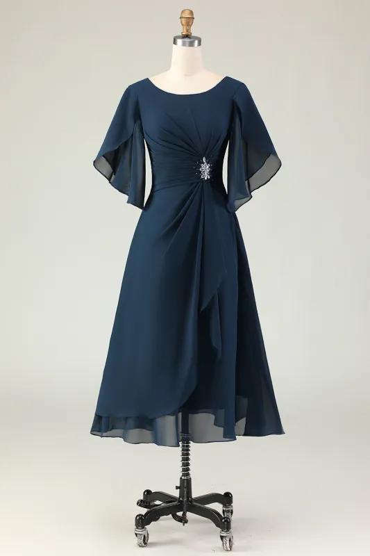 Navy Ruched A Line Midi Mother of the Bride Dress with Rhinestones sold by Zapaka