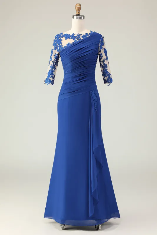 Royal Blue Mermaid Appliqued Ruched Mother of the Bride Dress with Sleeves sold by Zapaka