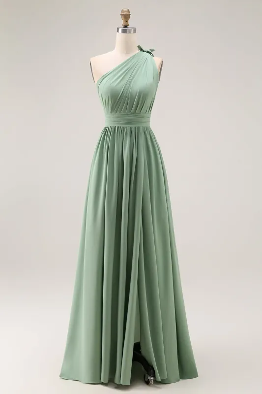 Green A Line One Shoulder Ruched Bridesmaid Dress with Slit sold by Zapaka