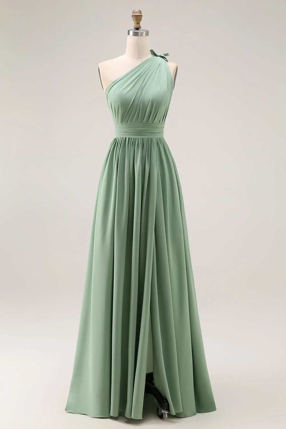 Green A Line One Shoulder Ruched Bridesmaid Dress with Slit sold by Zapaka