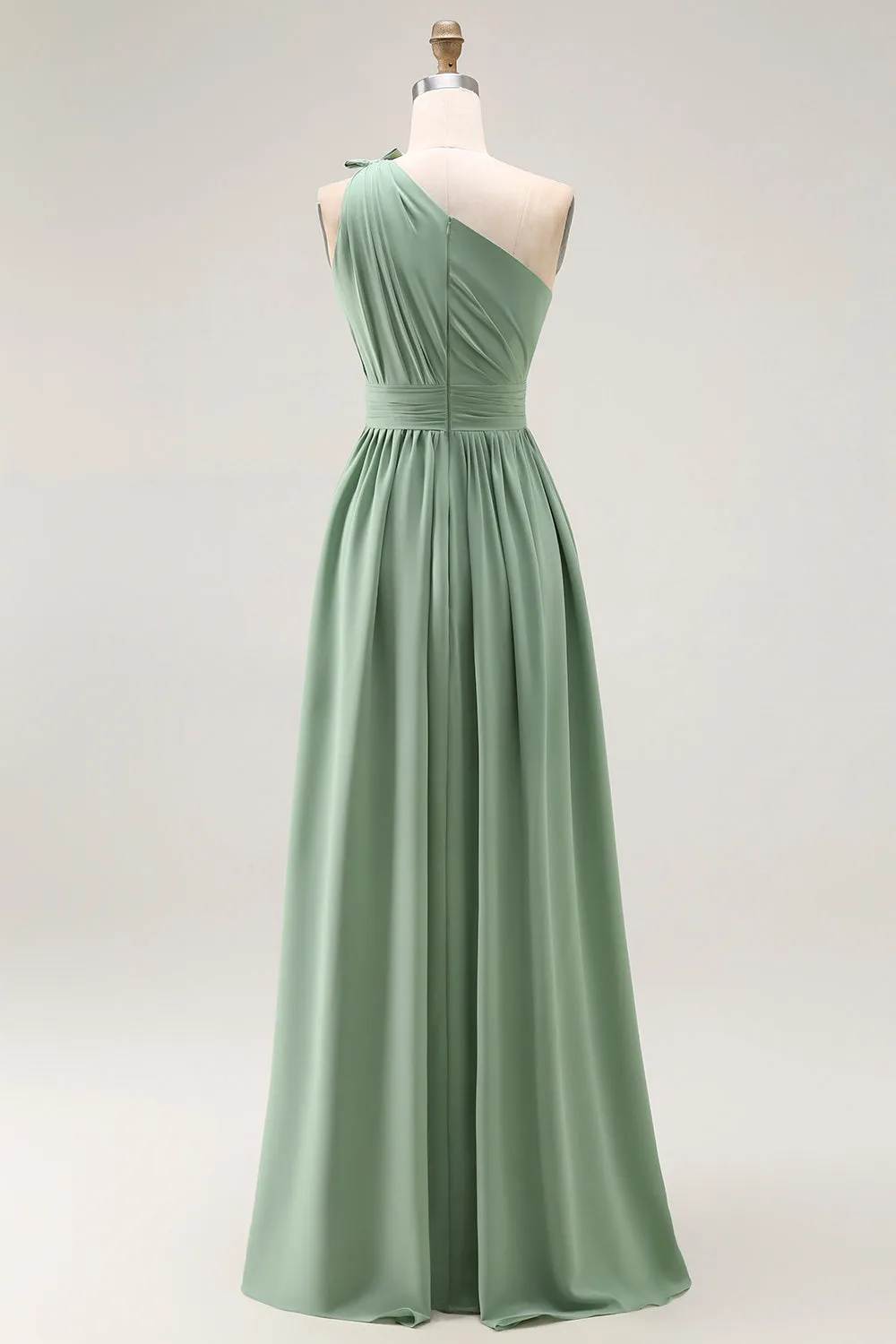 Green A Line One Shoulder Ruched Bridesmaid Dress with Slit sold by Zapaka product image thumbnail 2