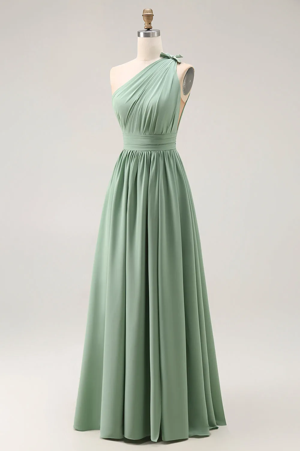 Green A Line One Shoulder Ruched Bridesmaid Dress with Slit sold by Zapaka product image thumbnail 3