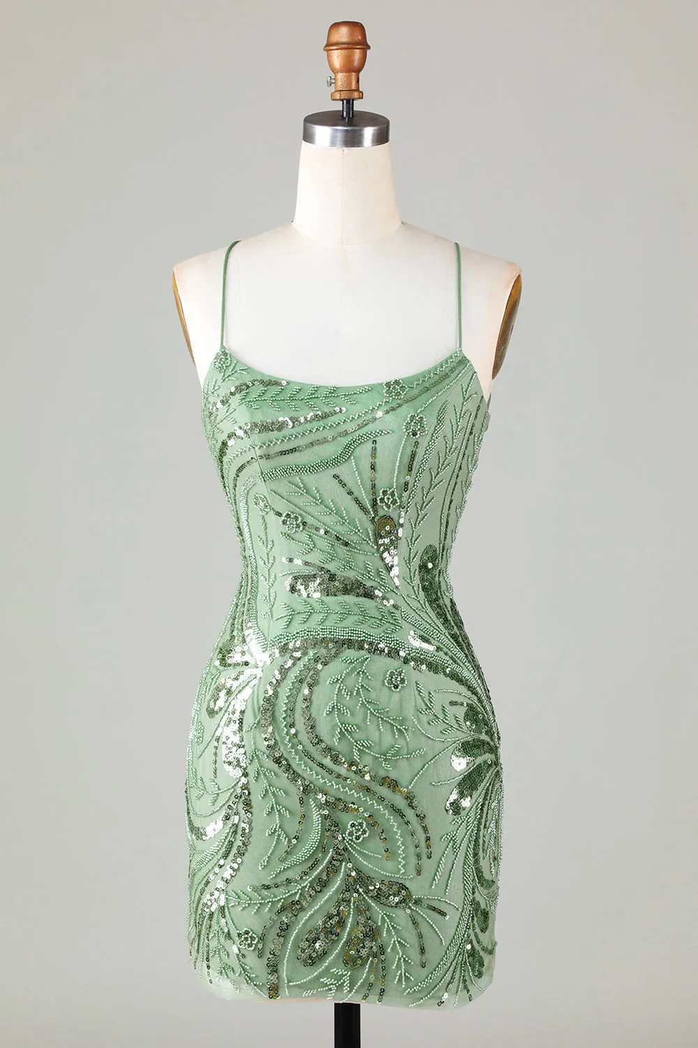 Sparkly Sheath Spaghetti Straps Green Short Homecoming Dress with Criss Cross Back sold by Zapaka
