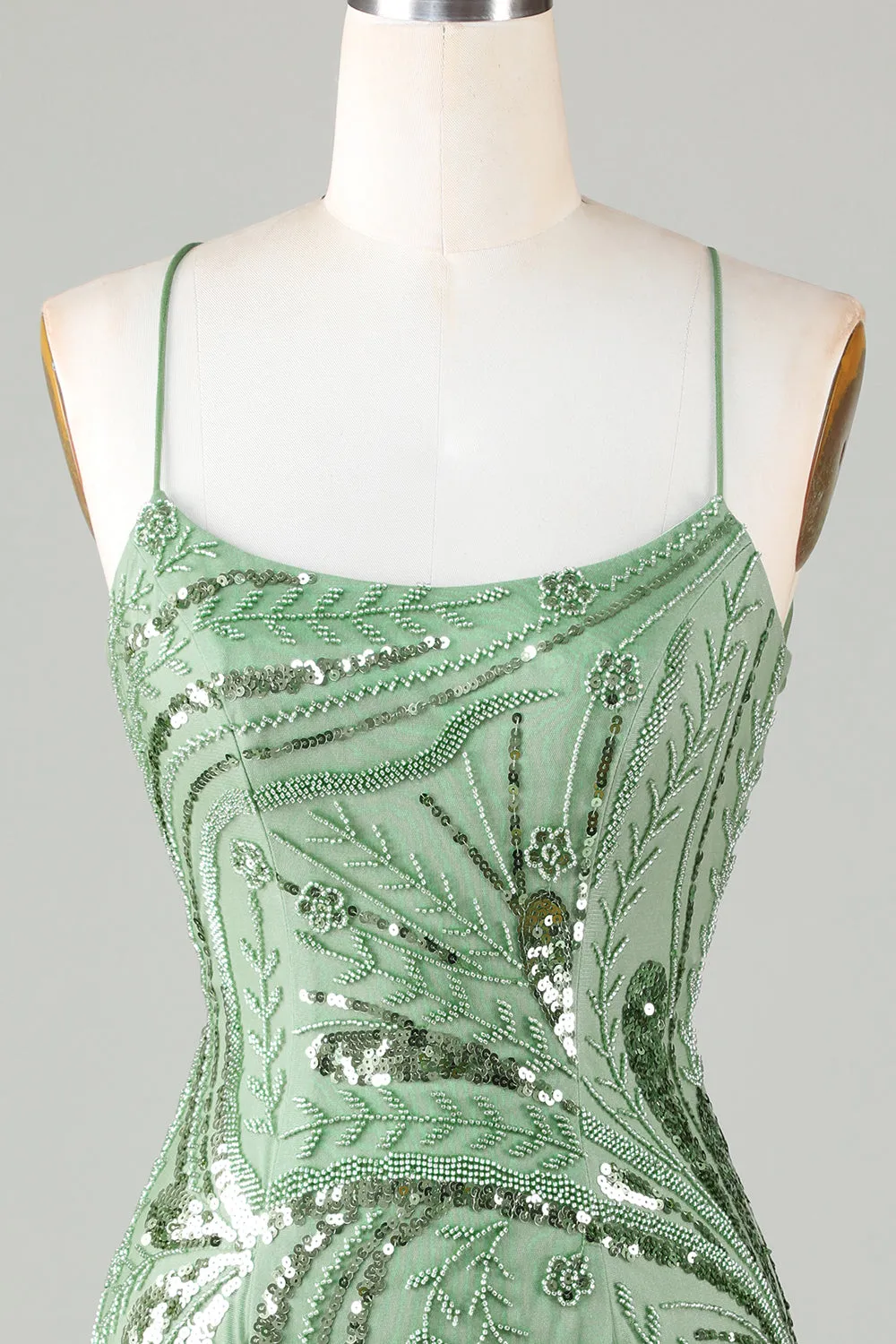 Sparkly Sheath Spaghetti Straps Green Short Homecoming Dress with Criss Cross Back sold by Zapaka product image thumbnail 4