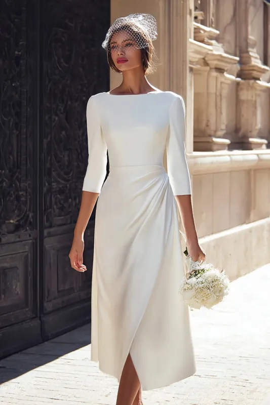 Ivory Sheath Satin Bateau Neck Long Engagement Dress with Sleeves sold by Zapaka