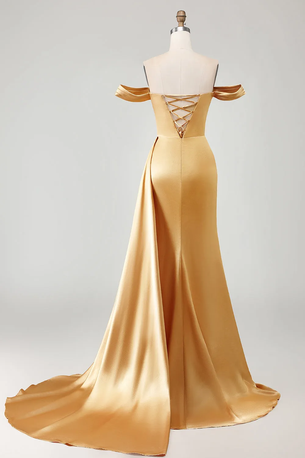 Golden Mermaid Off the Shoulder Beaded Pleated Satin Long Prom Dress with Slit sold by Zapaka product image thumbnail 2