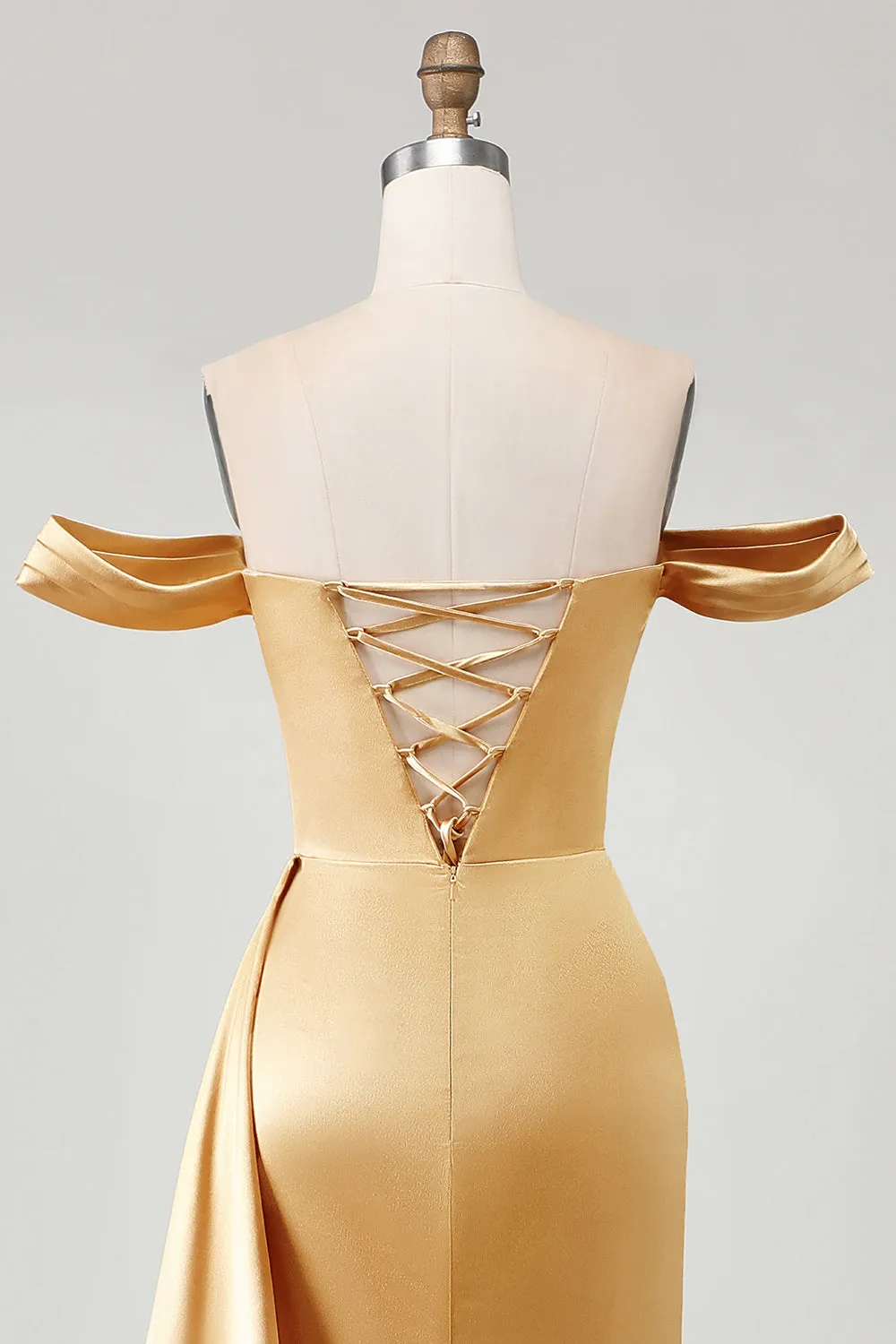 Golden Mermaid Off the Shoulder Beaded Pleated Satin Long Prom Dress with Slit sold by Zapaka product image thumbnail 5