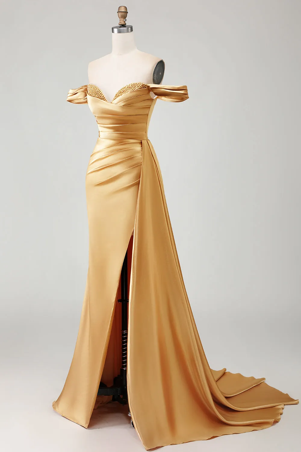 Golden Mermaid Off the Shoulder Beaded Pleated Satin Long Prom Dress with Slit sold by Zapaka product image thumbnail 3
