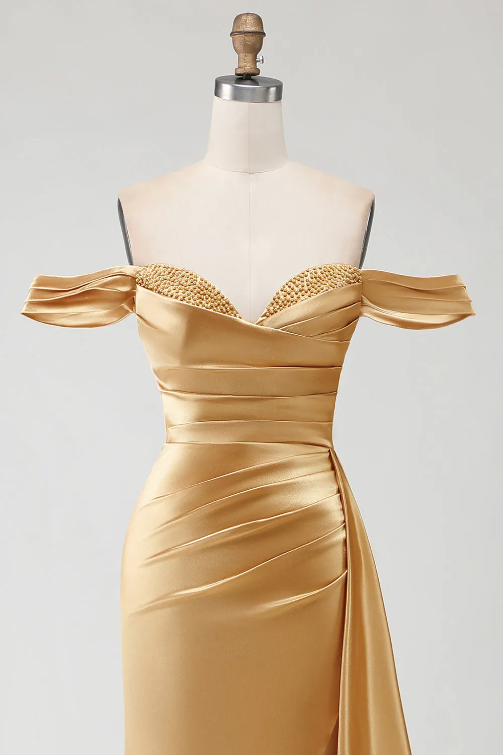 Golden Mermaid Off the Shoulder Beaded Pleated Satin Long Prom Dress with Slit sold by Zapaka product image thumbnail 4