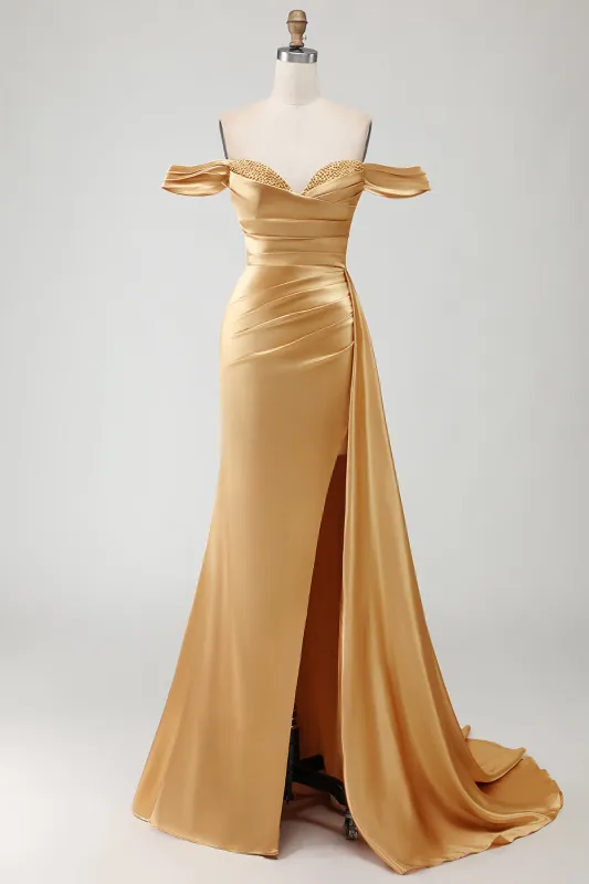 Golden Mermaid Off the Shoulder Beaded Pleated Satin Long Prom Dress with Slit sold by Zapaka