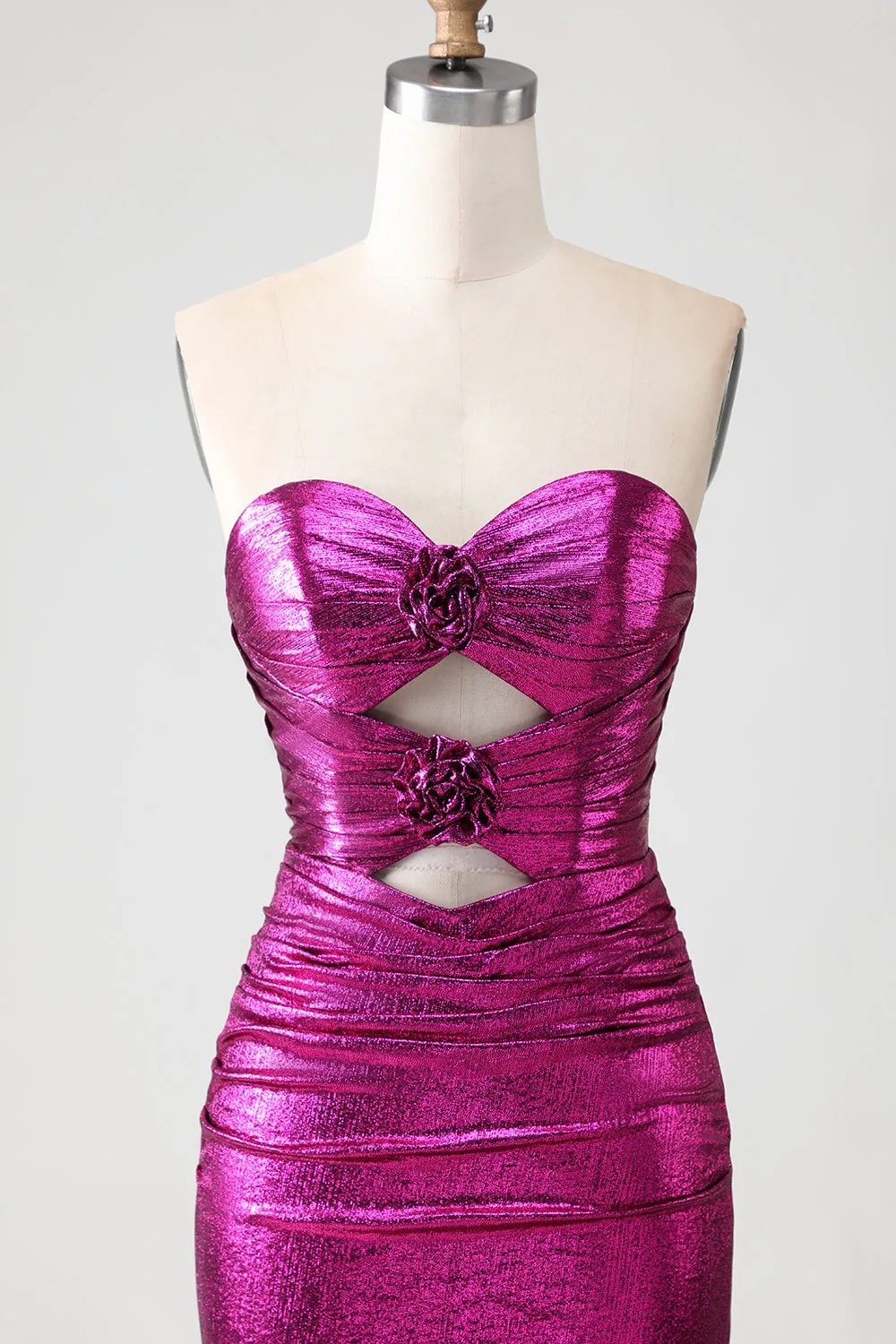 Metallic Fuchsia Mermaid Strapless Cut Out 3D Flowers Long Prom Dress with Slit sold by Zapaka product image thumbnail 4