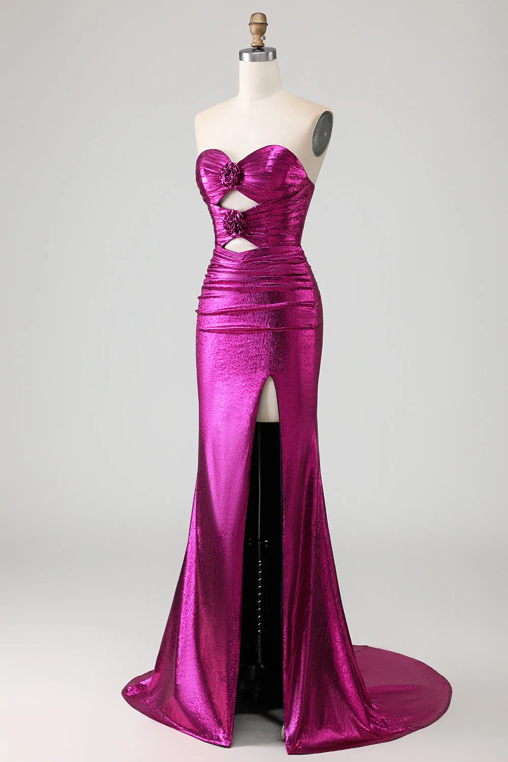 Metallic Fuchsia Mermaid Strapless Cut Out 3D Flowers Long Prom Dress with Slit sold by Zapaka product image thumbnail 3