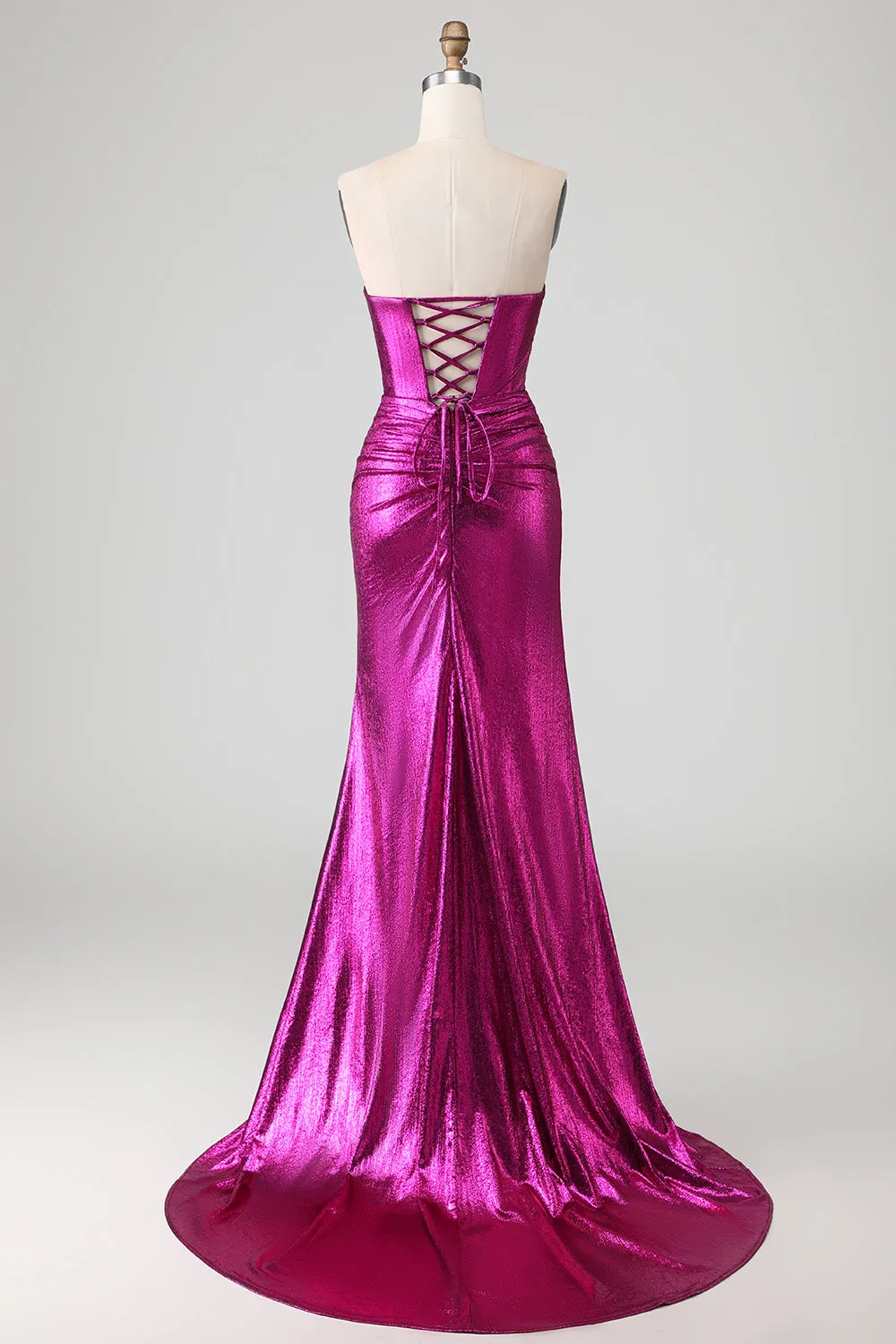 Metallic Fuchsia Mermaid Strapless Cut Out 3D Flowers Long Prom Dress with Slit sold by Zapaka product image thumbnail 2