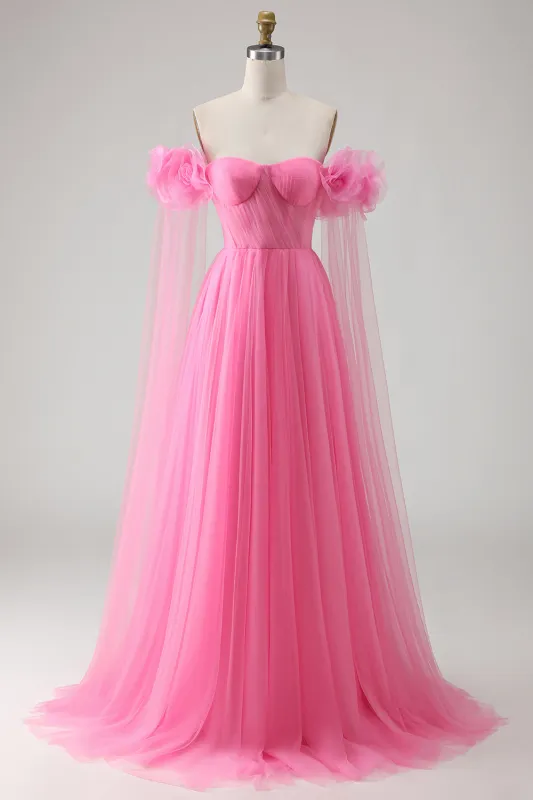 Hot Pink A Line Off the Shoulder Pleated Tulle Long Prom Dress with Streamer sold by Zapaka
