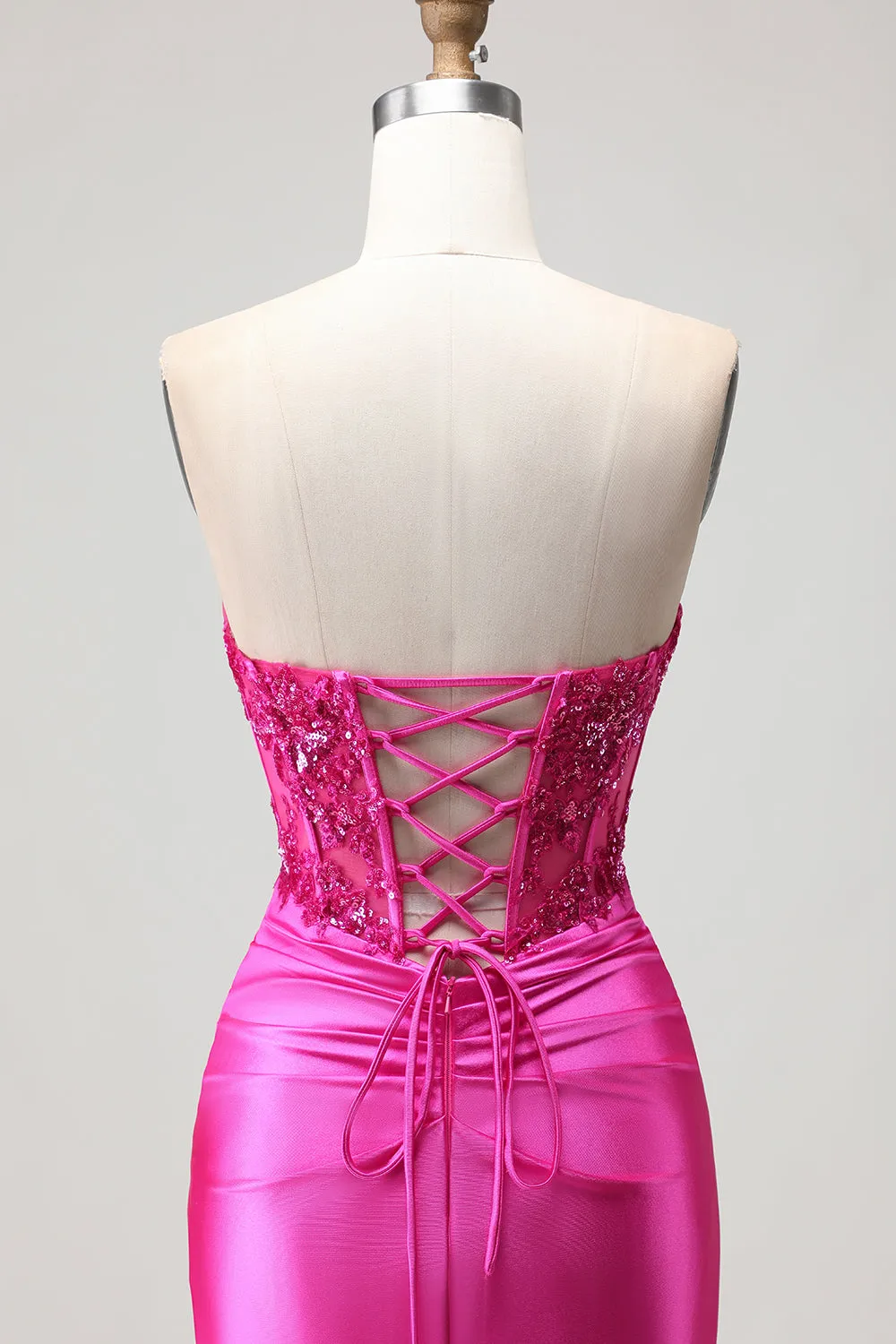 Fuchsia Mermaid Sweetheart Pleated Corset Sequin Long Prom Dress with Lace Up Back sold by Zapaka product image thumbnail 5