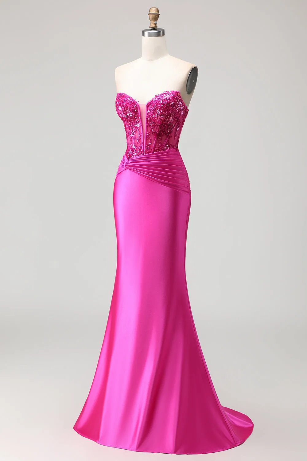 Fuchsia Mermaid Sweetheart Pleated Corset Sequin Long Prom Dress with Lace Up Back sold by Zapaka product image thumbnail 3