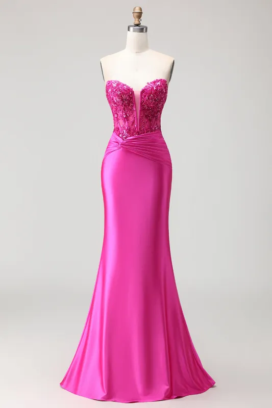 Fuchsia Mermaid Sweetheart Pleated Corset Sequin Long Prom Dress with Lace Up Back sold by Zapaka