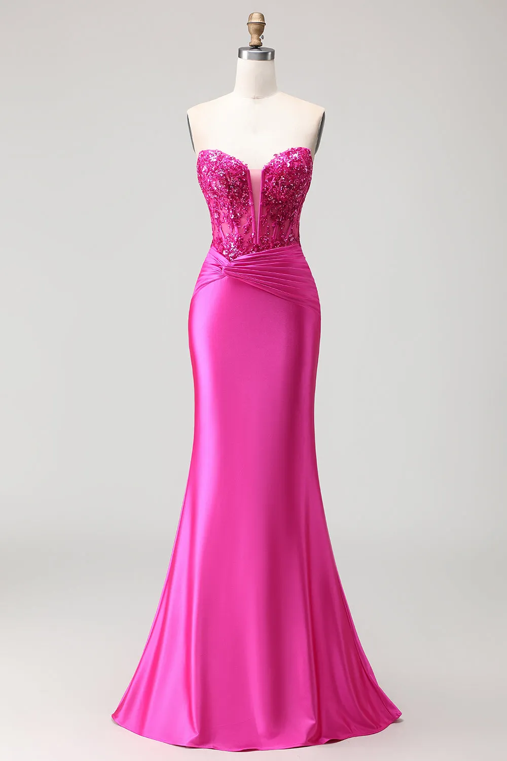 Fuchsia Mermaid Sweetheart Pleated Corset Sequin Long Prom Dress with Lace Up Back sold by Zapaka