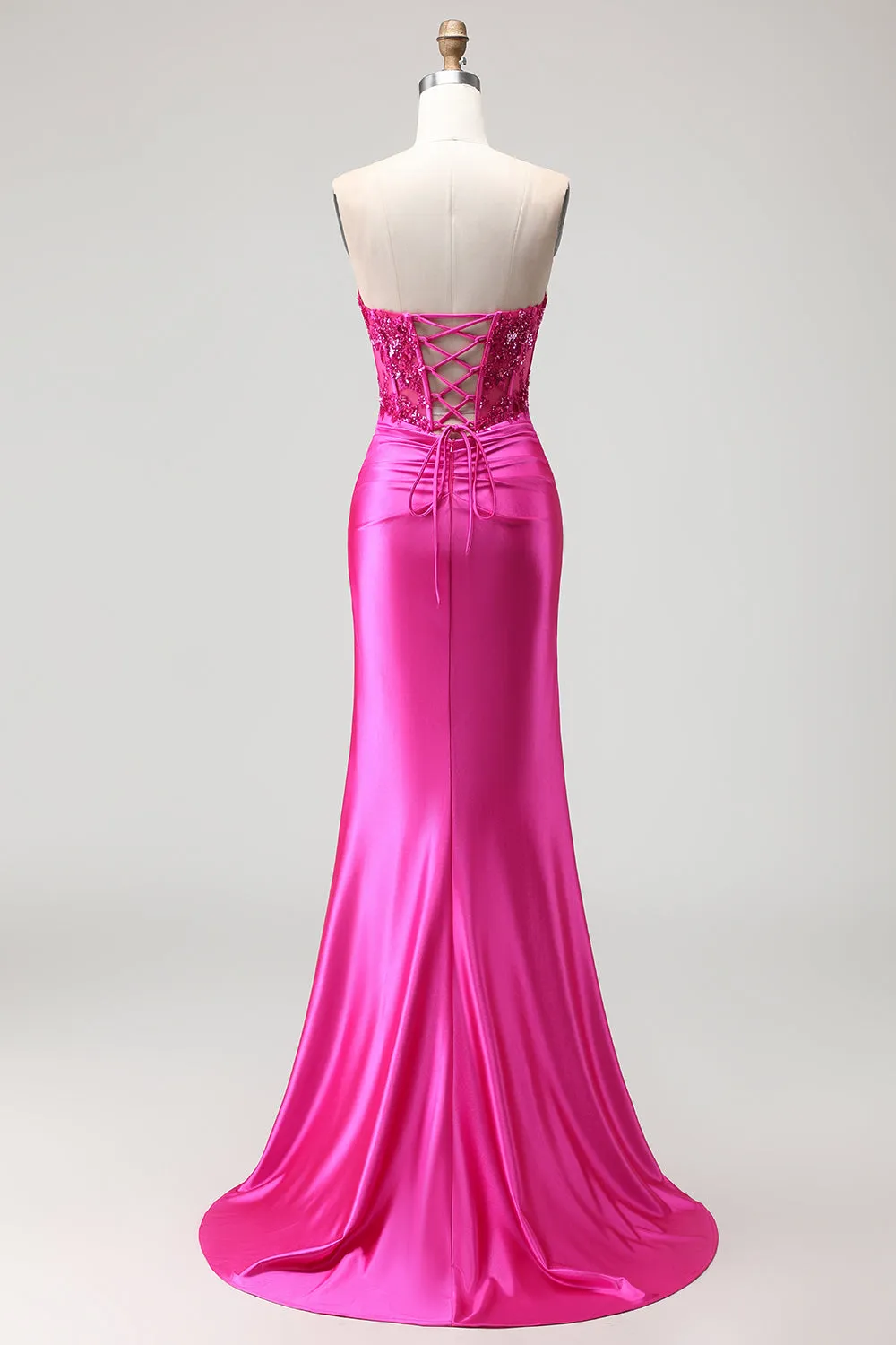 Fuchsia Mermaid Sweetheart Pleated Corset Sequin Long Prom Dress with Lace Up Back sold by Zapaka product image thumbnail 2