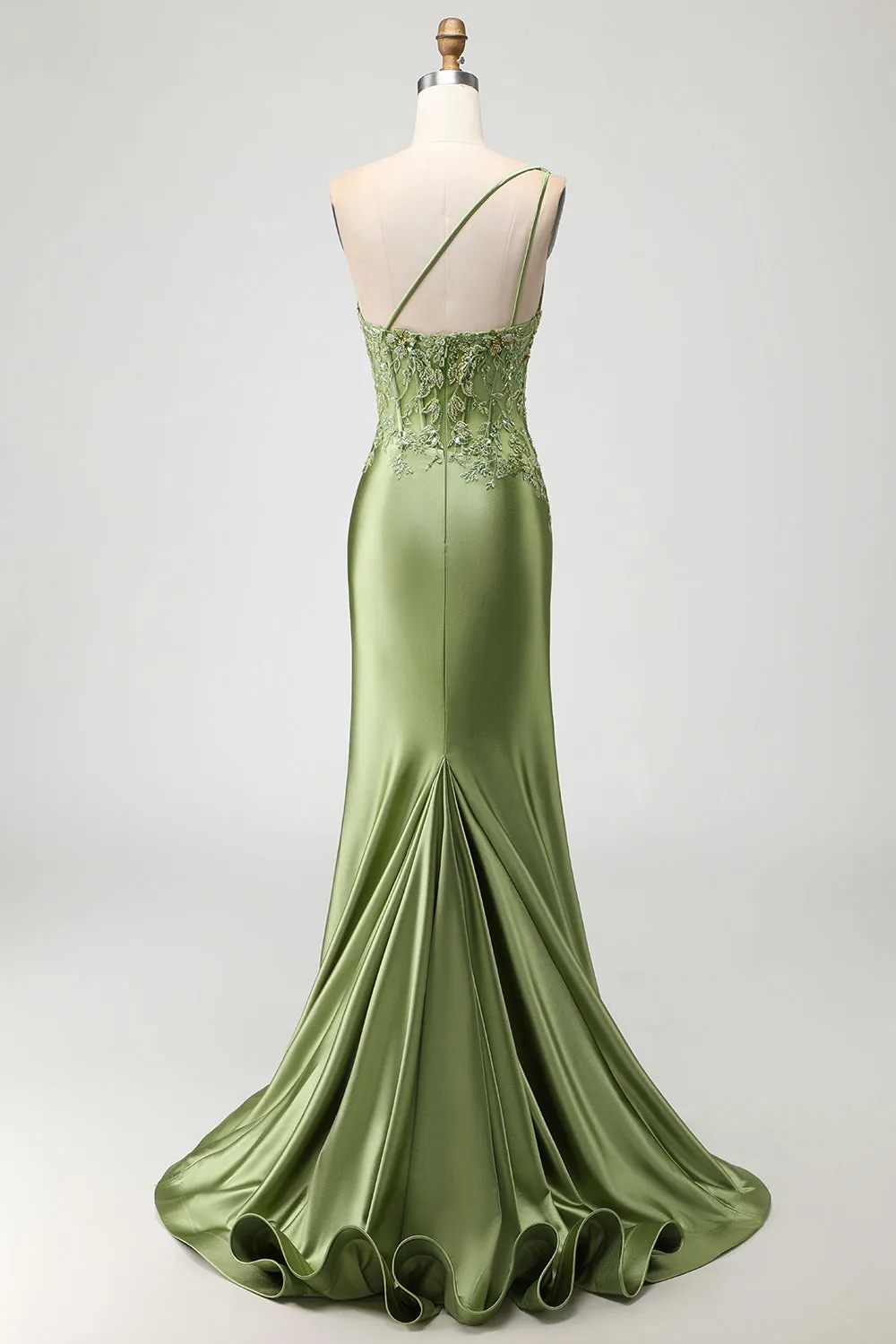 Green Mermaid One Shoulder Beaded Appliqued Corset Ruched Long Prom Dress with Slit sold by Zapaka product image thumbnail 2