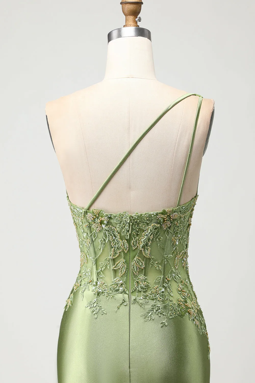 Green Mermaid One Shoulder Beaded Appliqued Corset Ruched Long Prom Dress with Slit sold by Zapaka product image thumbnail 5