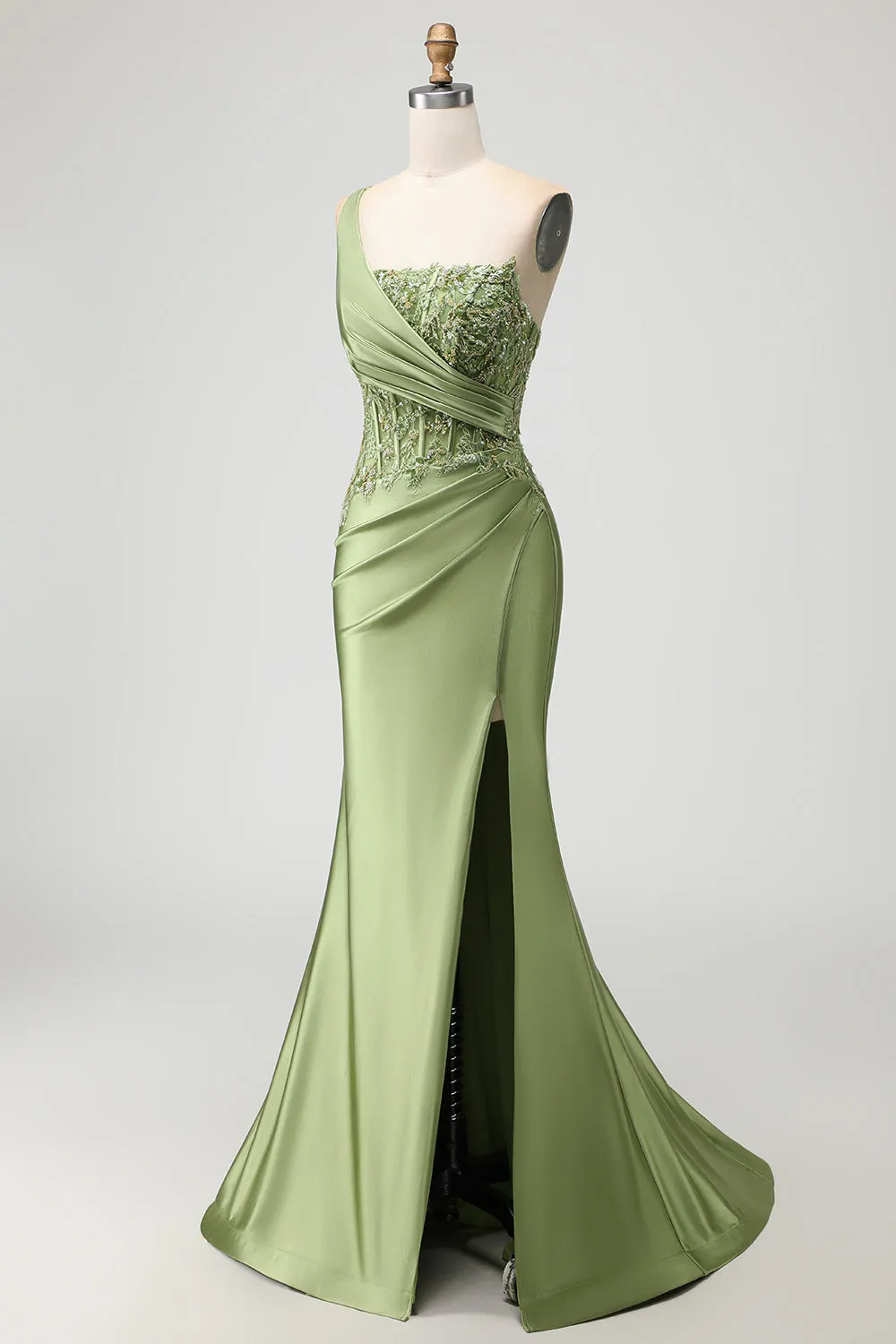 Green Mermaid One Shoulder Beaded Appliqued Corset Ruched Long Prom Dress with Slit sold by Zapaka product image thumbnail 3